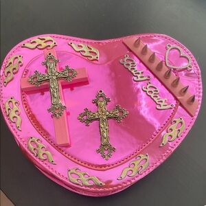 Pink Heart-Shaped Bag with Cross and Stud Details